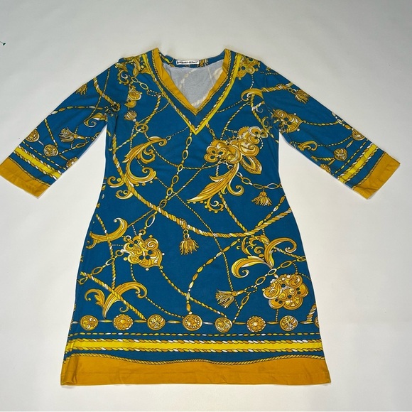 barbara gerwit Dresses & Skirts - Barbara Gerwit Womens Printed V Neck Jersey Sheath Dress Blue Yellow Size XL